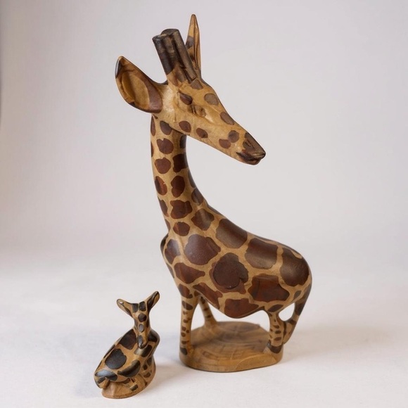 Hand-Carved Mahogany African Giraffe 12” & 6” Wood Figures - Picture 2 of 9